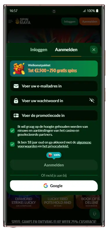 Account aanmaken bij Spinmaya Casino Spinmaya Casino registratiescherm mobiel